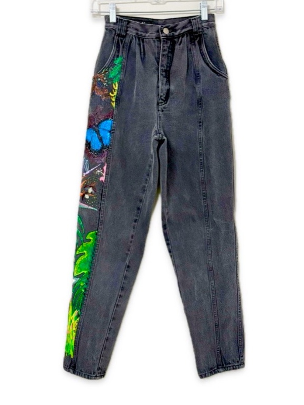 Vintage 90s X-tatic High Waist Mom Jeans Hand Painted Butterfly Jungle OOAK Sz 0